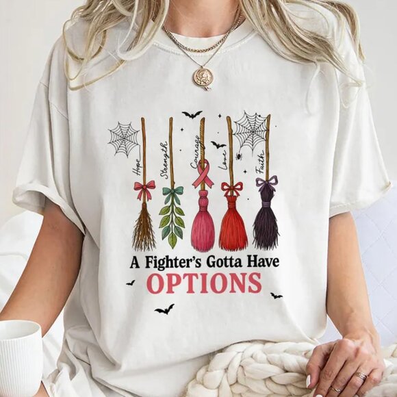 Tops - Breast Cancer Awareness Witch Broom Shirt, Hope Love Faith Halloween Shirt